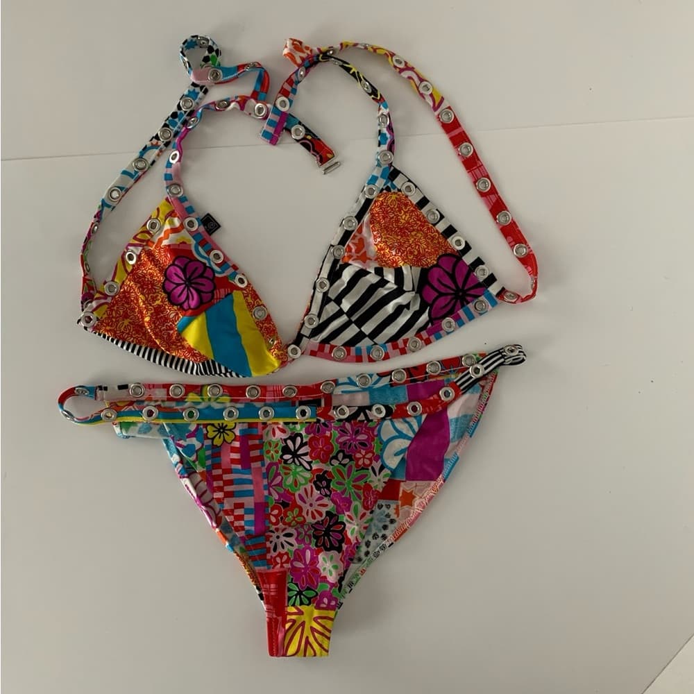 Versace Versus RARE Y2K Grommet Embellished 2 Piece Bikini Set Swimsuit Swimwear