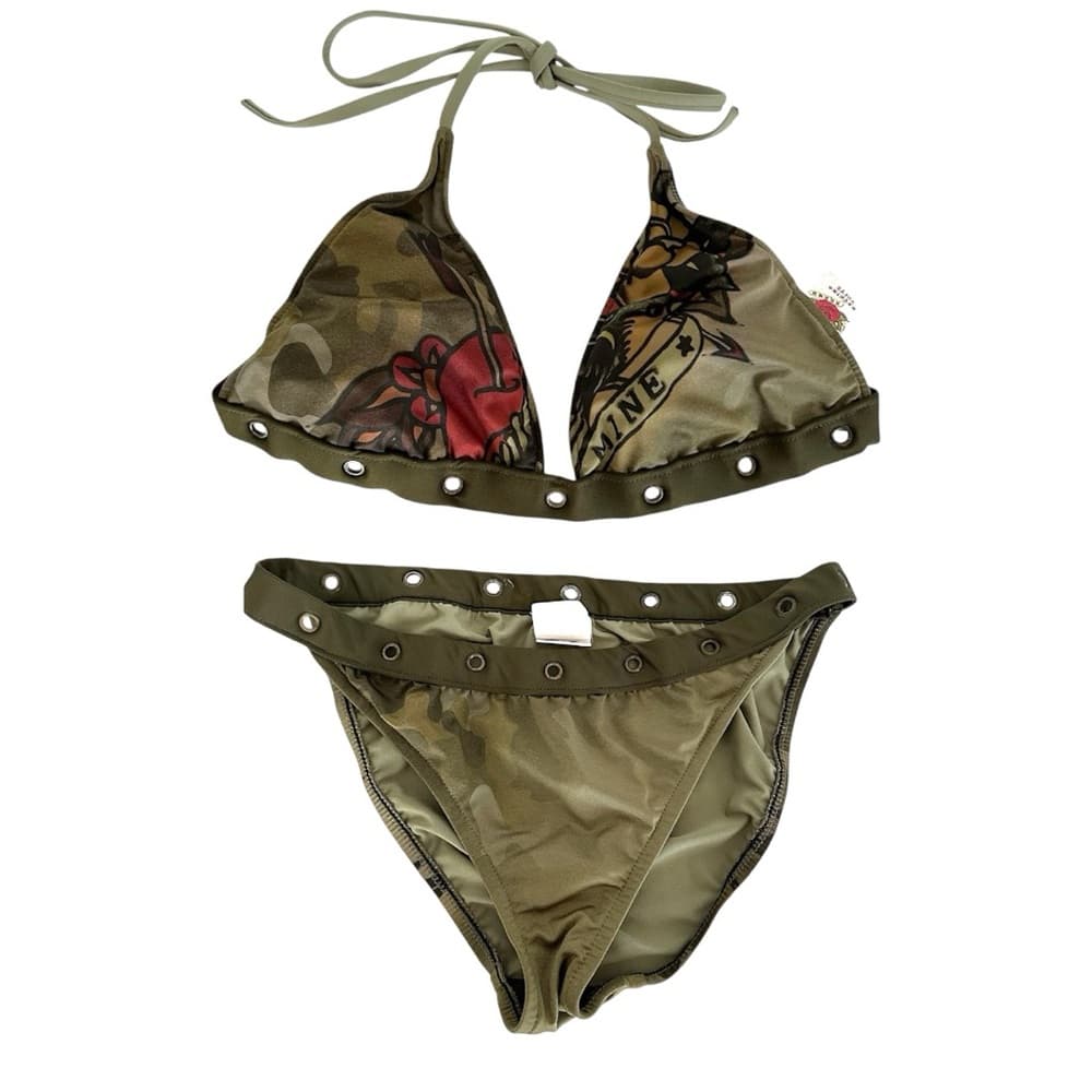 Lucky Brand Sailor Tattoo Army Camo Grommet Y2K Bikini Set - Size Large