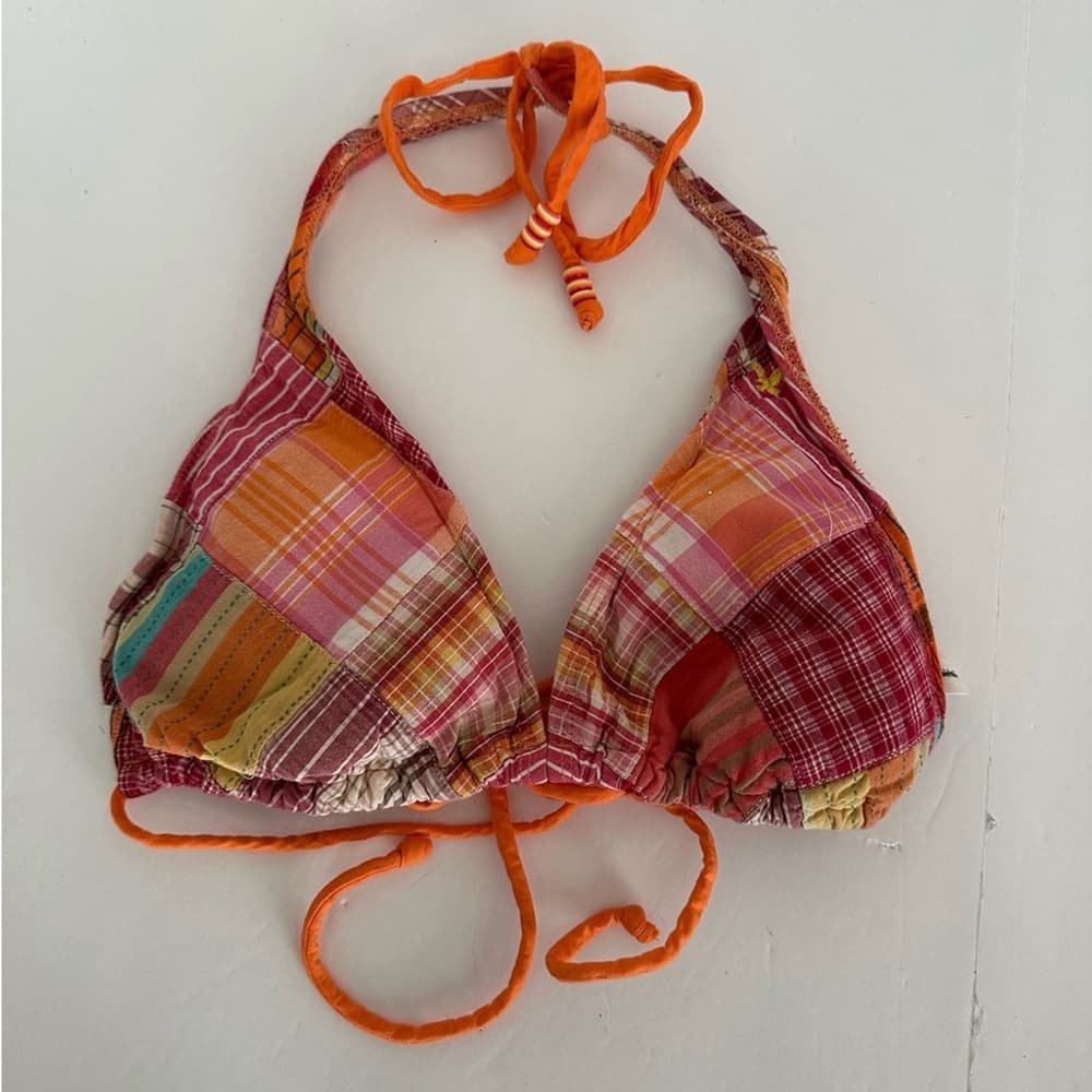 American Eagle Patchwork Plaid Bikini Y2K Vintage Orange Plaid Beaded Size Large