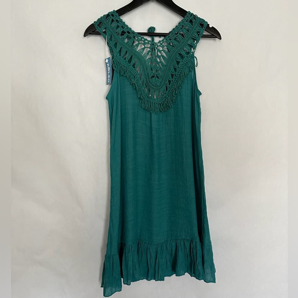 Aolro Teal Crochet Pom Pom Swim Coverup / Dress Size Small Resortcore Fringe