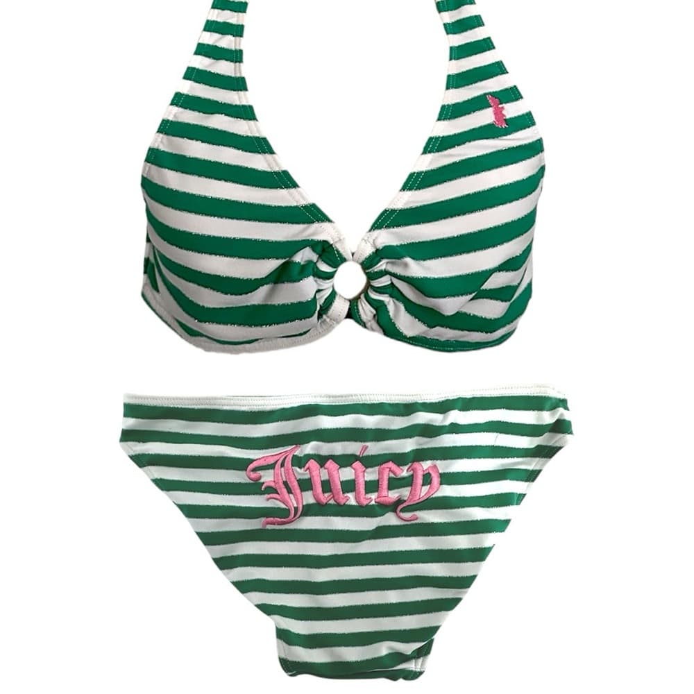 Juicy Couture Green White Stripe Y2K Halter Style Bikini Set - Size Medium
