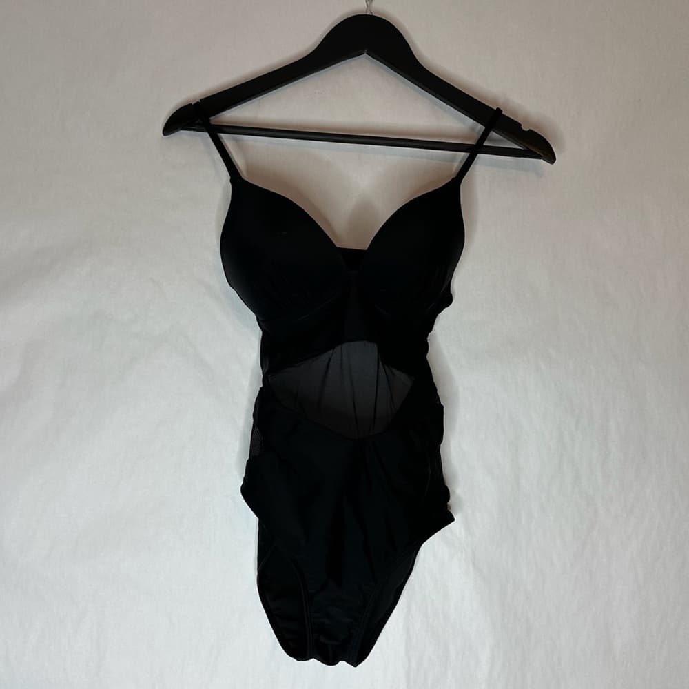 Forever 21 Black Mesh Cutout One-Piece Swimsuit Adjustable Straps Size Small