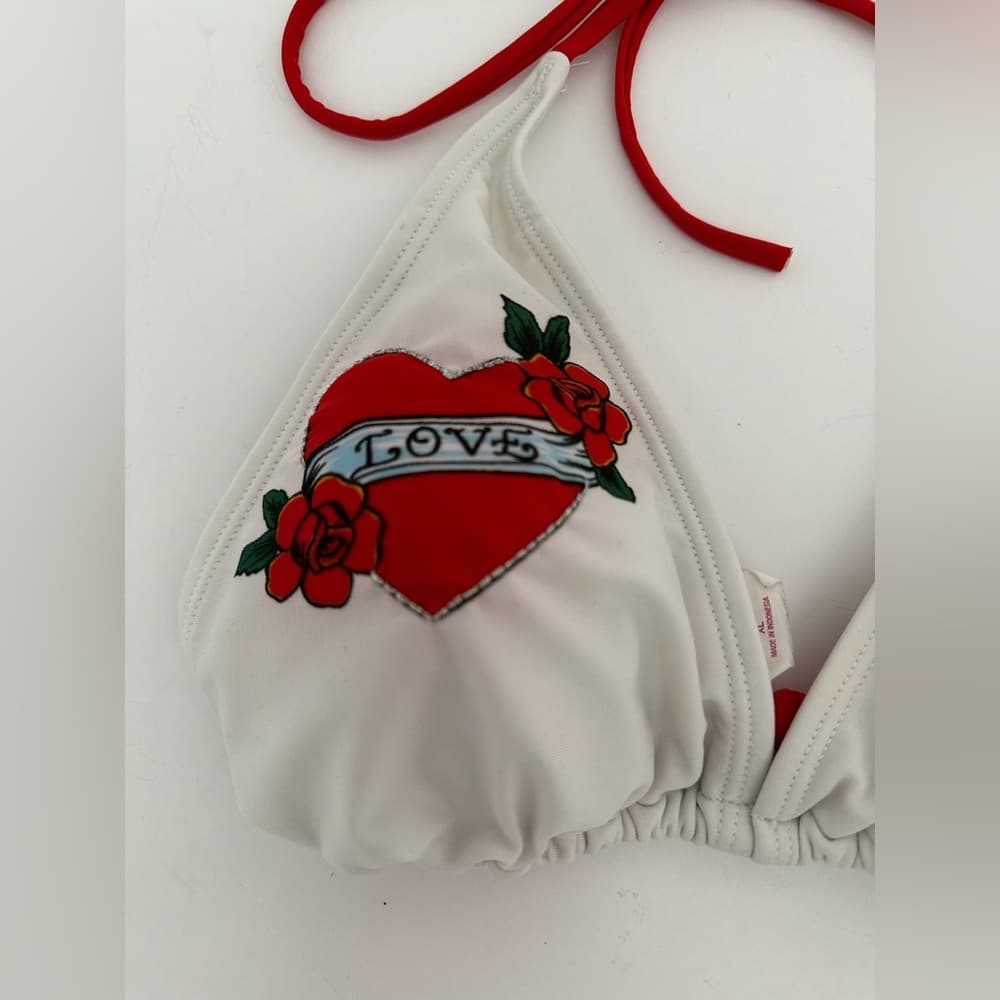 Xhilaration Tattoo Bikini Heart Black White Striped Red Bikini Top XL Bottom L
