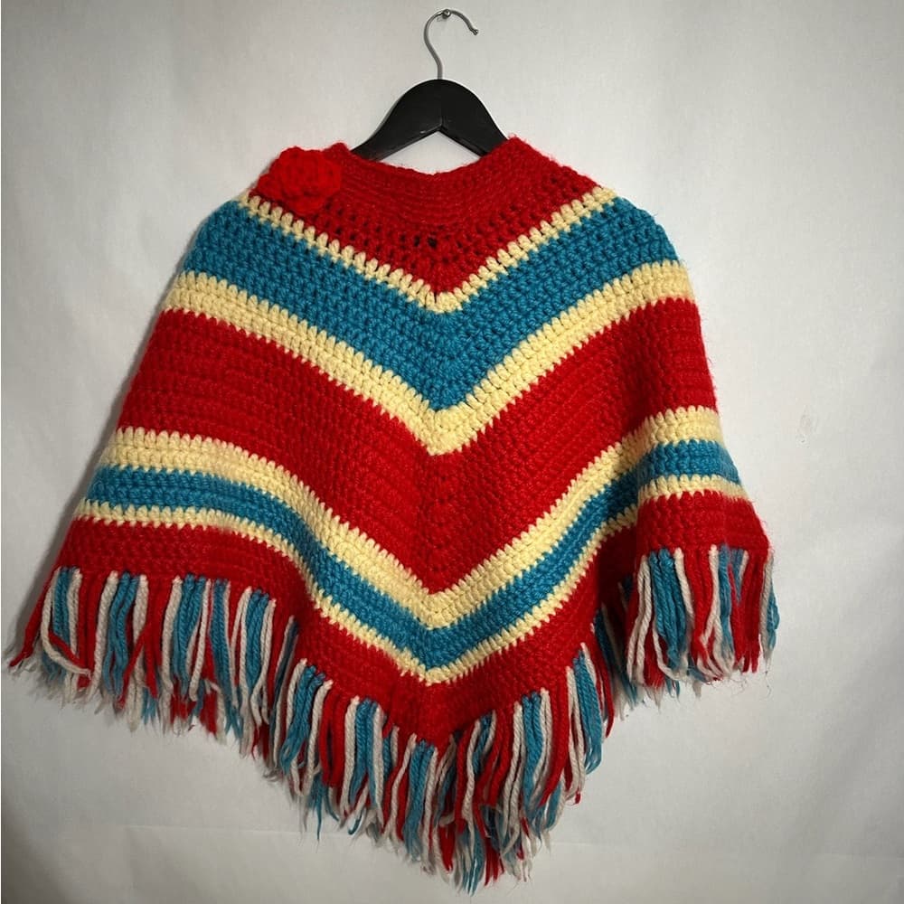 Vintage Crochet Granny Chevron Poncho Red Blue Fringe Flower Trim One Size Gift