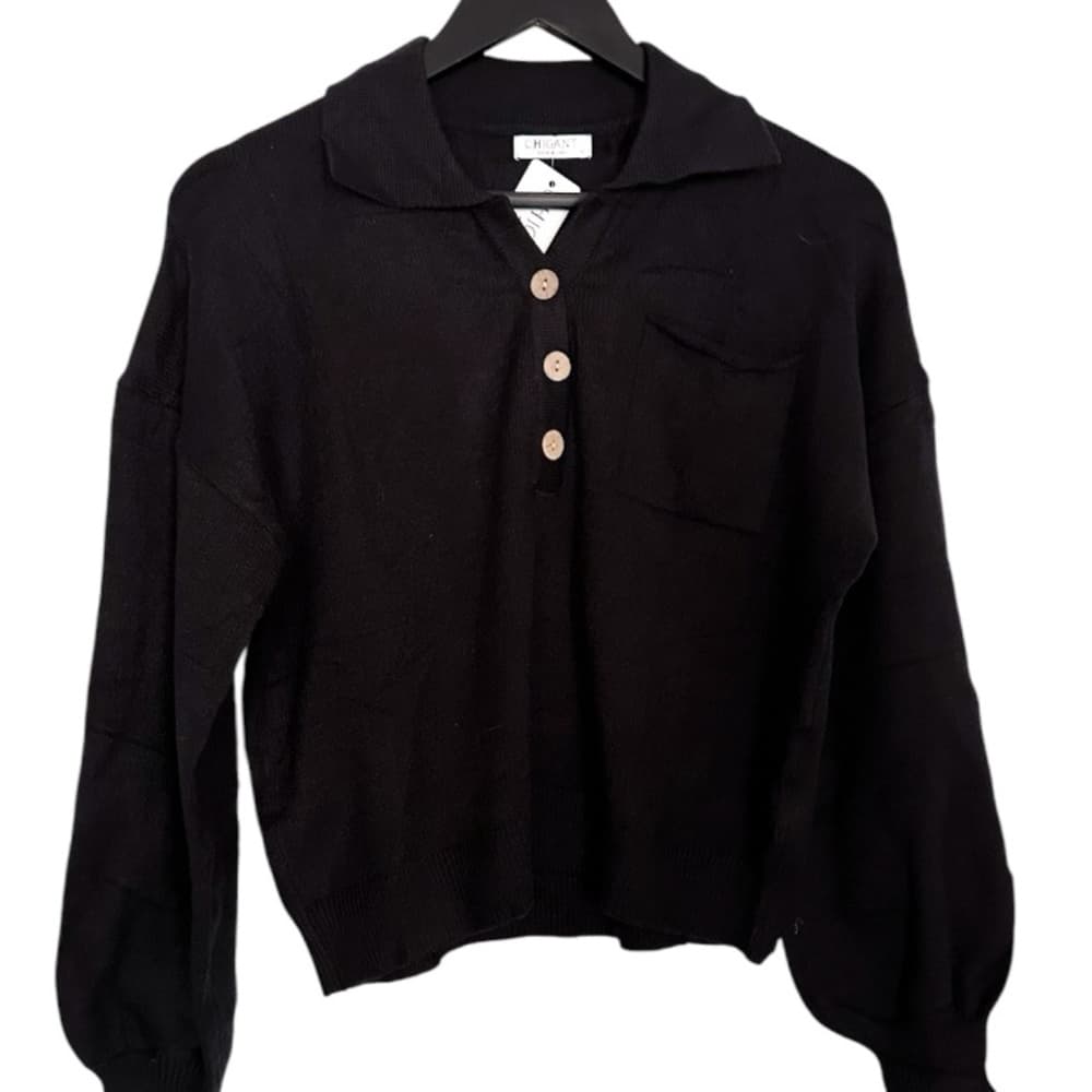 NWT Chigant Black Long Sleeve Collared Button Polo Sweater Size Medium