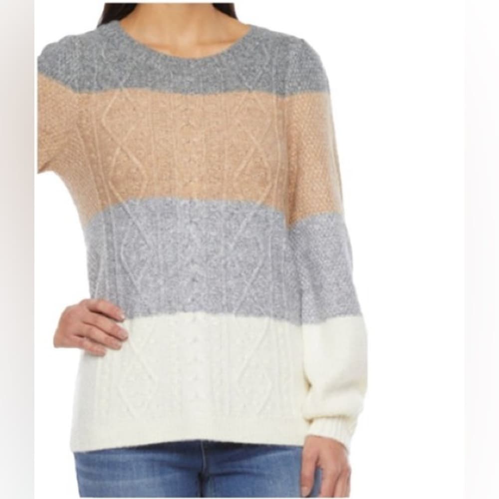 St Johns Bay Neutral Colorblock Cable Knit Sweater Size XL Cozy Classic Fall