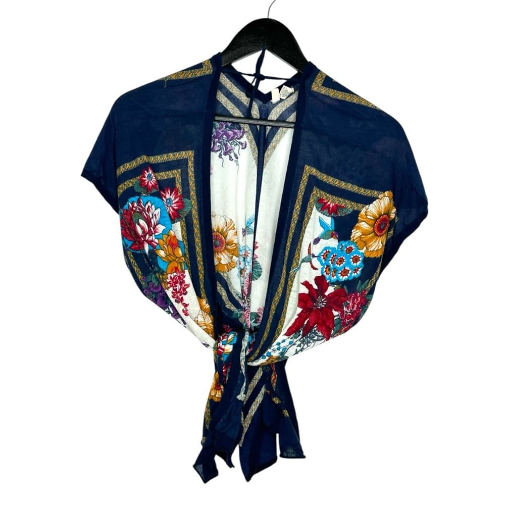 Moth for Anthropologie Navy Floral Boho Tie Scarf Print Kimono Top Size M/L