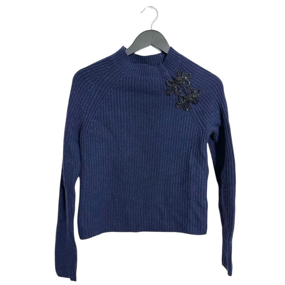 NWT J.Crew Navy Beaded Mock Neck Ribbed Sweater Women’s Size Small Holiday Party