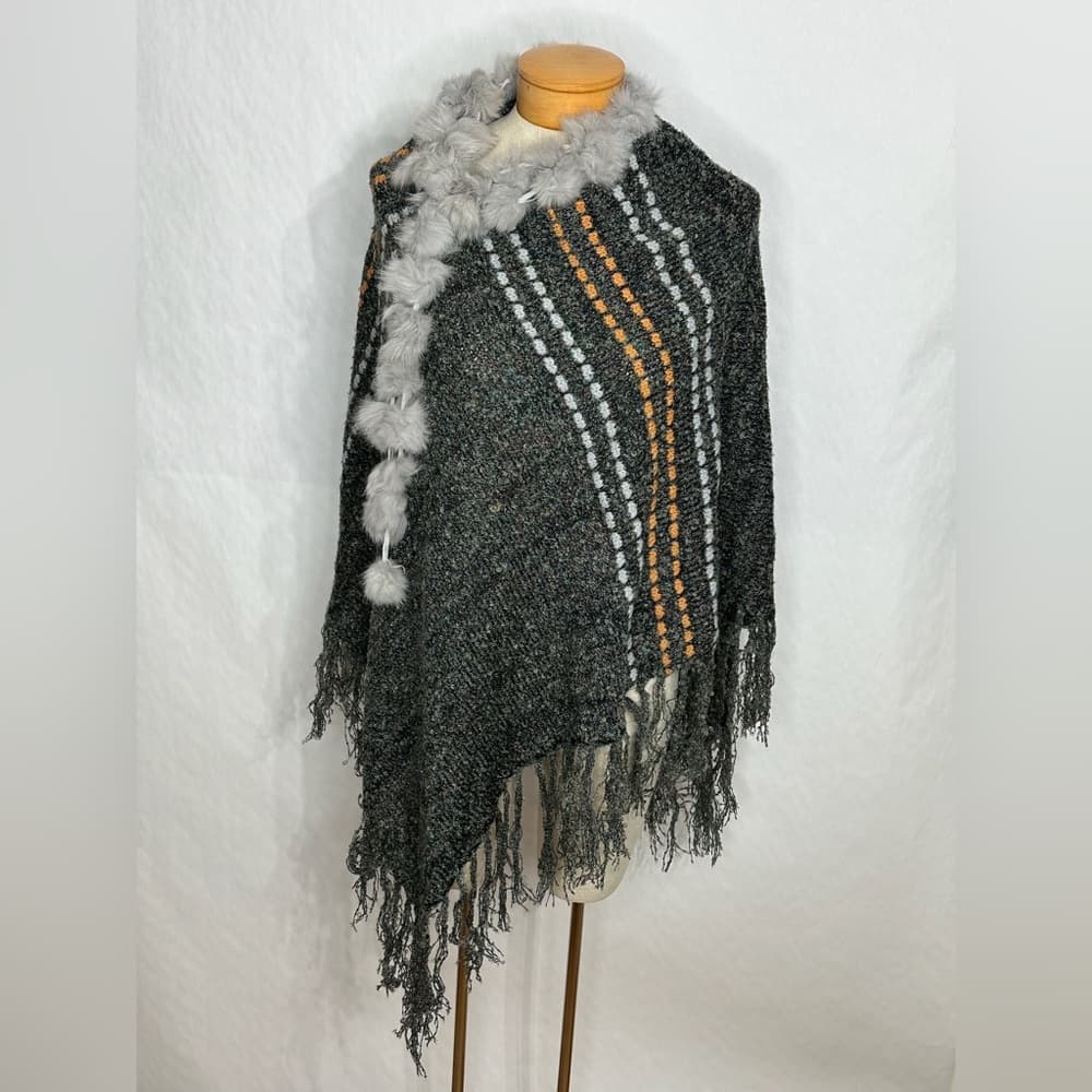 Verty Pom Pom Faux Fur Trim Knit Fringe Poncho One Size Whimsical Avant Garde