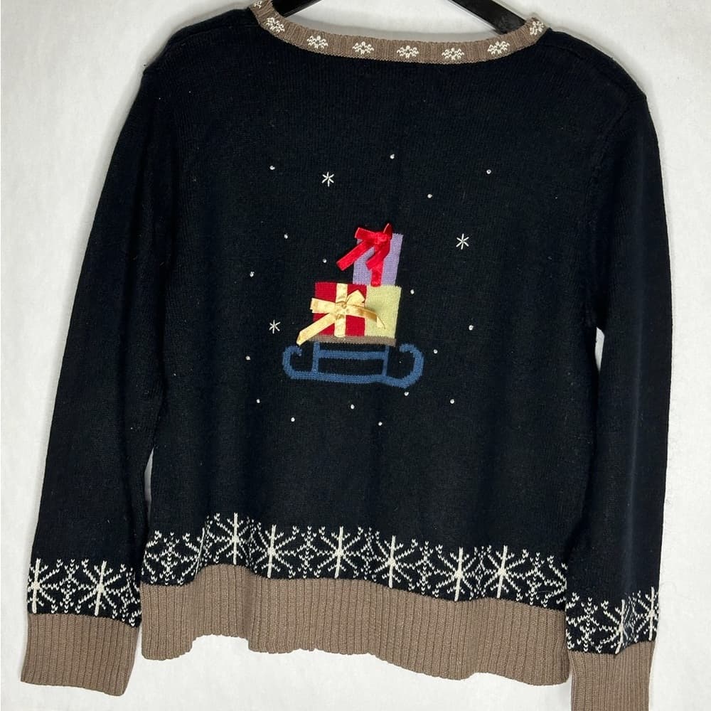 Christopher & Banks Reindeer Sleigh Embroidered Ugly Christmas Sweater Large