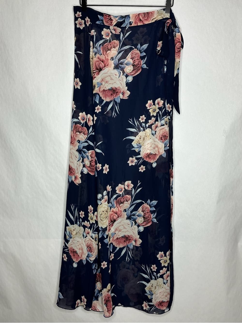 Want My Look Navy Floral Wrap Maxi Skirt Sheer Large Coastal Vacation Resortwear