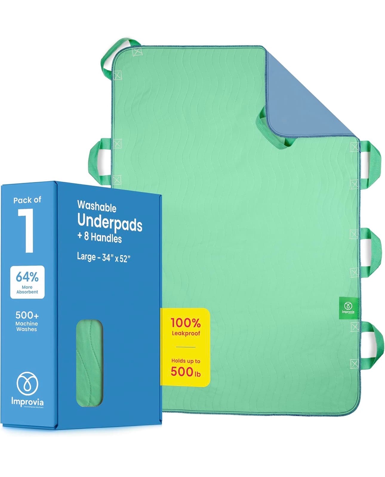 Improvia Positioning Bed Pad, with 8 Reinforced Handles, Quick-Drying, Washable, Waterproof, for Lifting, Turning, Transfering, Elderly and Incontinence Patients (Green, 34" x 52" - Pack of 1)