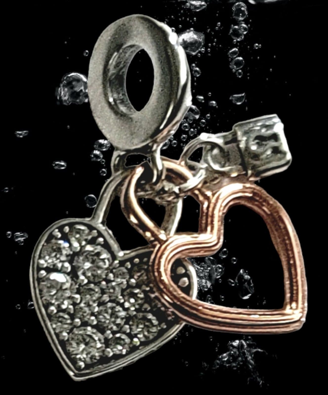 Pandora heart padlock double dangle charm silver & rose gold