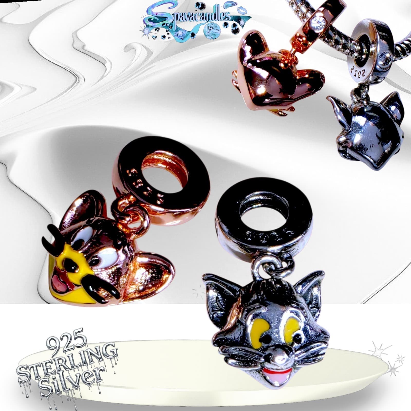 Pair of 2 S925 Silver Tom and Jerry cartoon character charms US SELLER