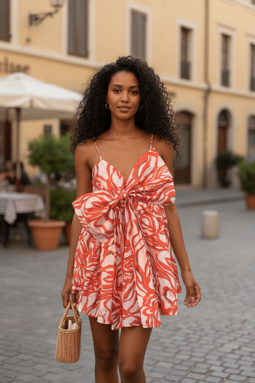 Orange Brown Crème CQ by CQ Bow Tie Dress with Abstract Print Medium