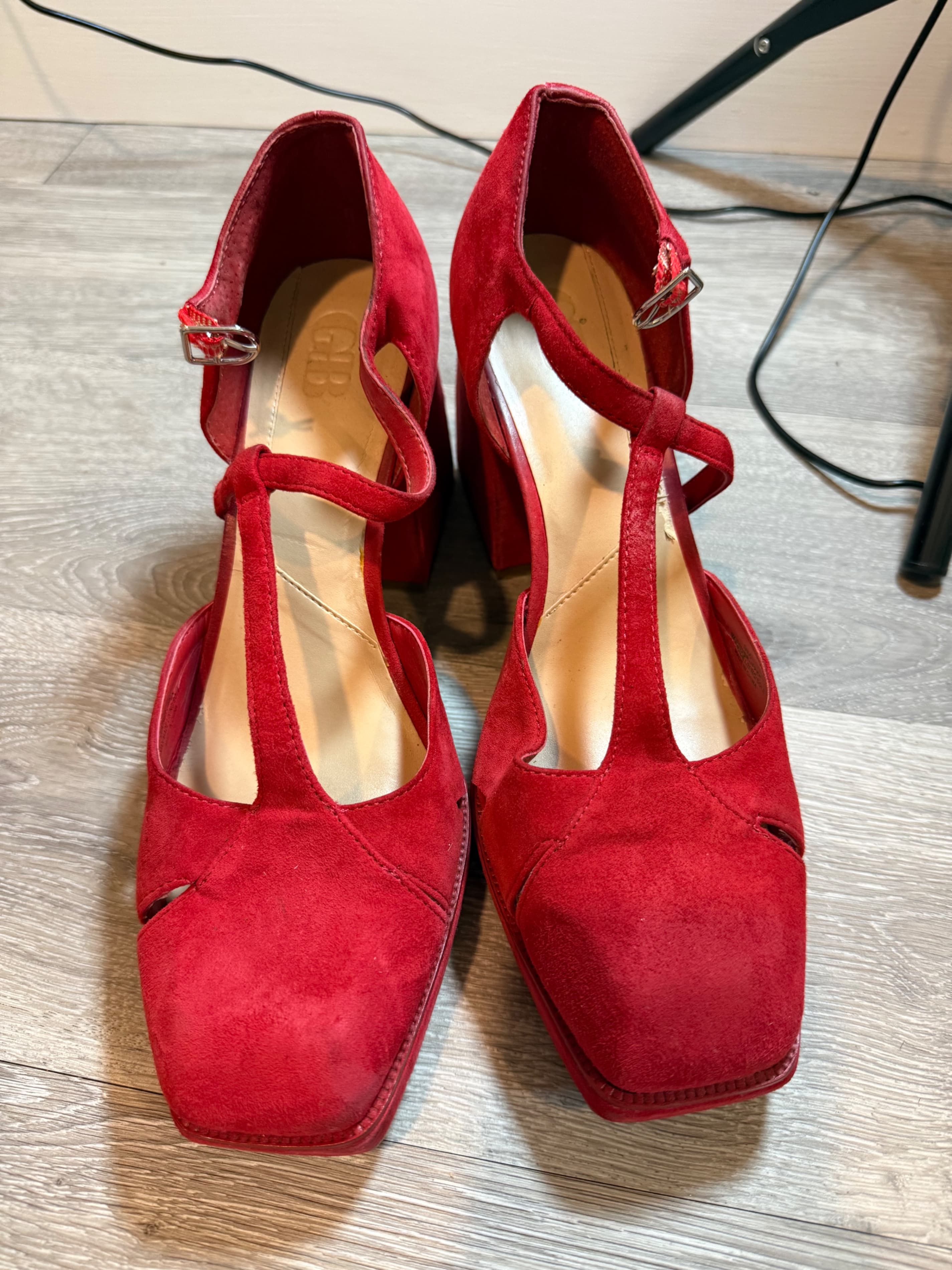 GHB Red Suede T-Strap Heels