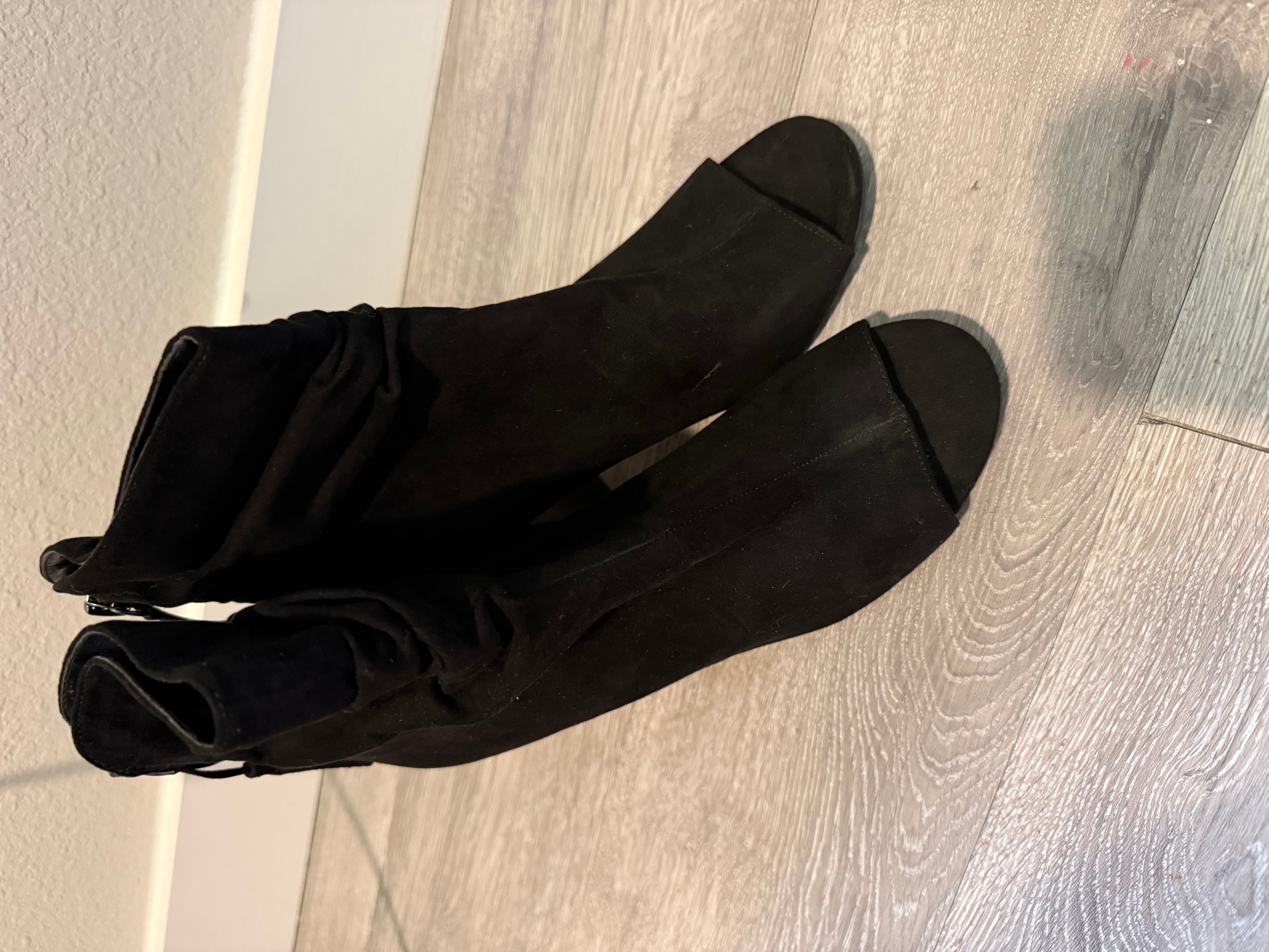 ANA Black Suede Peep Toe Ankle Boots with Block Heel