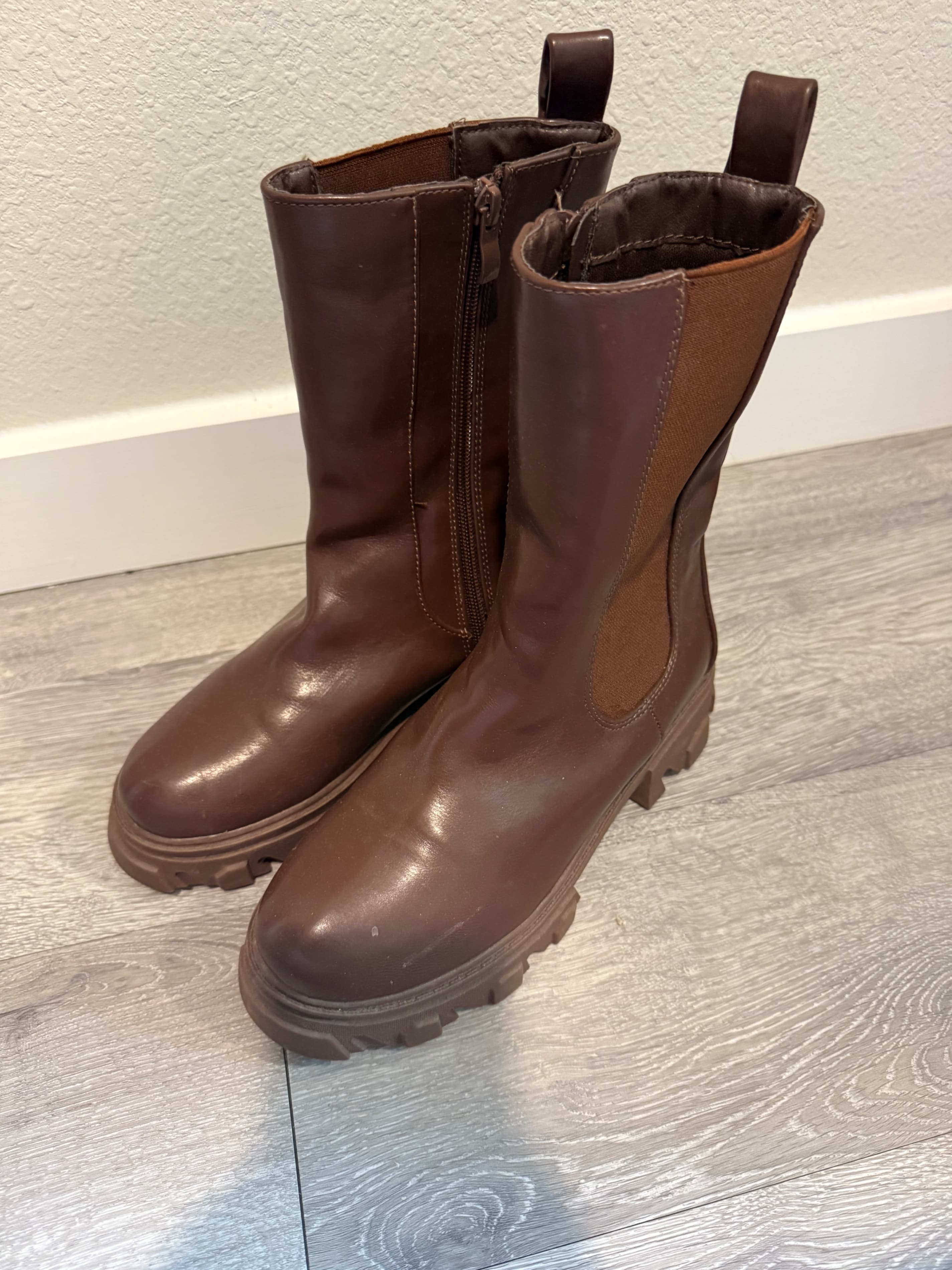 EGO Brown Leather Chunky Sole Boots with Side Zipper