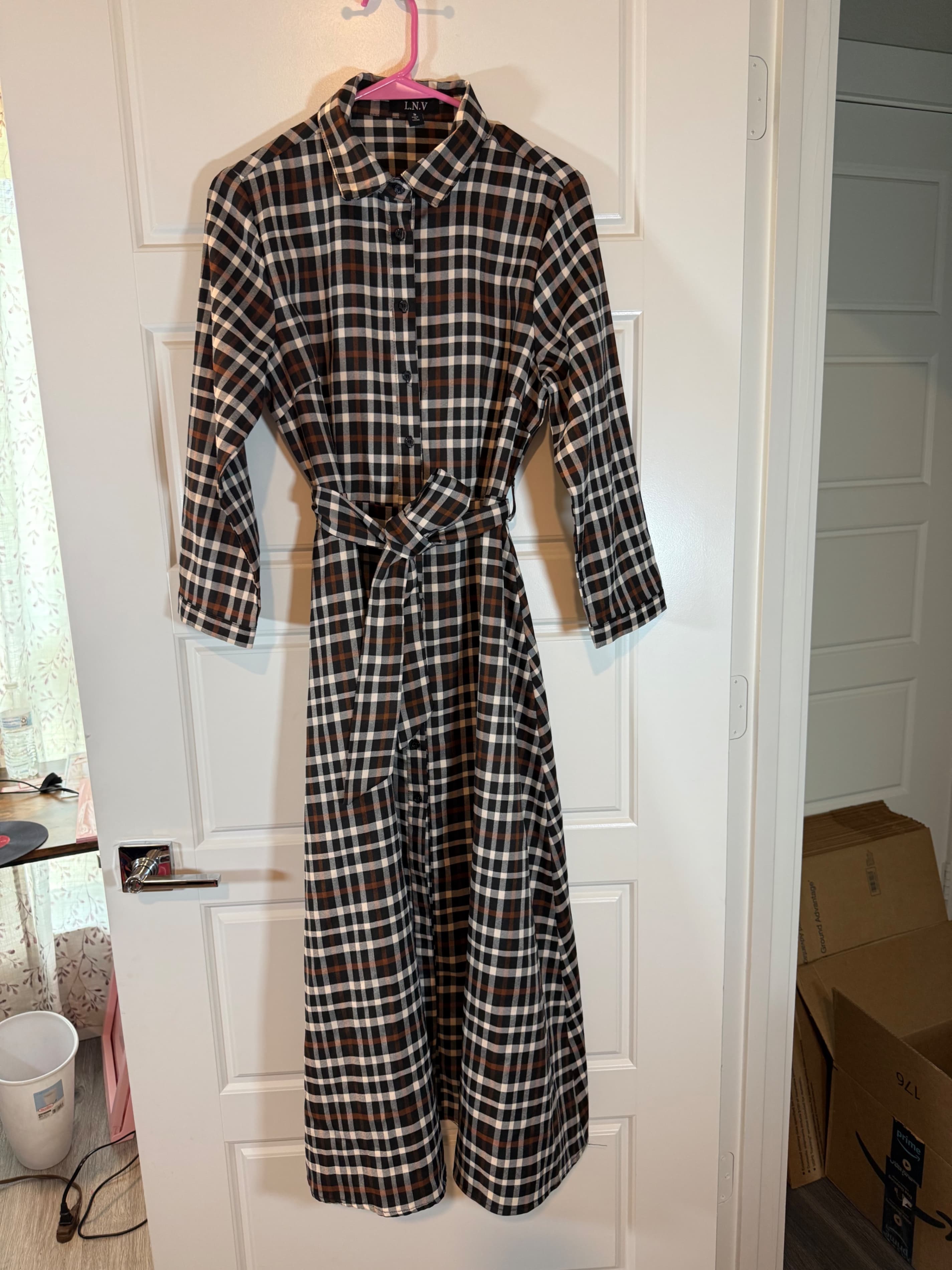 L.N.V Plaid Button-Up Long Sleeve Dress with Belt