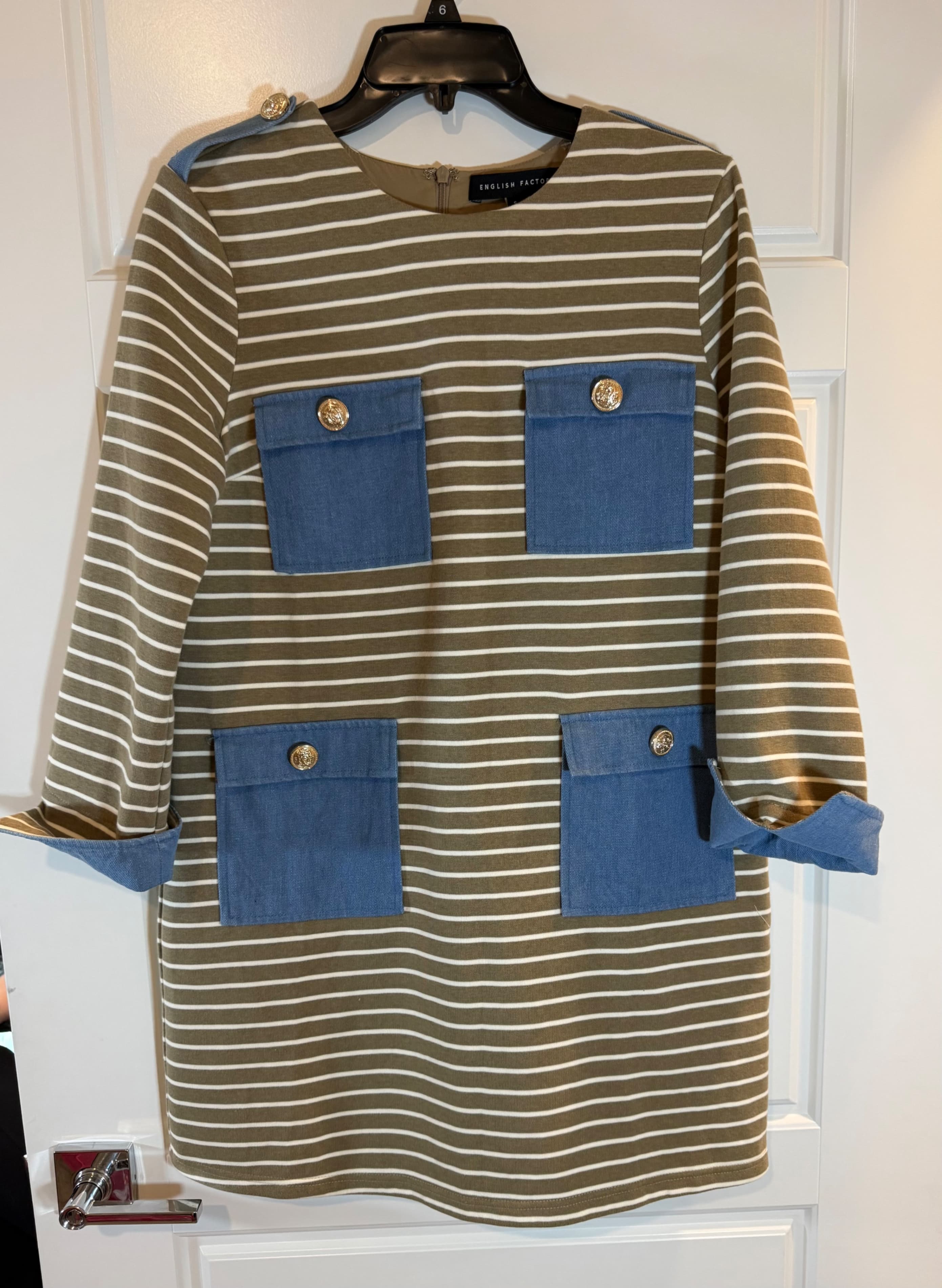 English Factory Striped Dress with Denim Pockets, Size 6