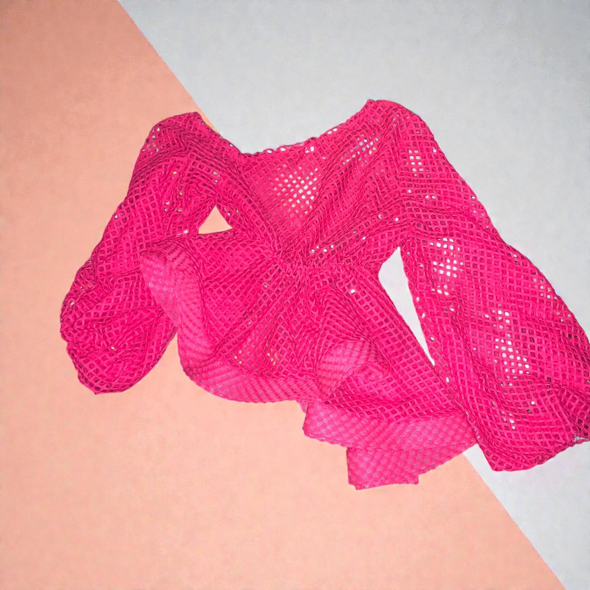 Pink Crochet Mesh Blouse with Puff Sleeves