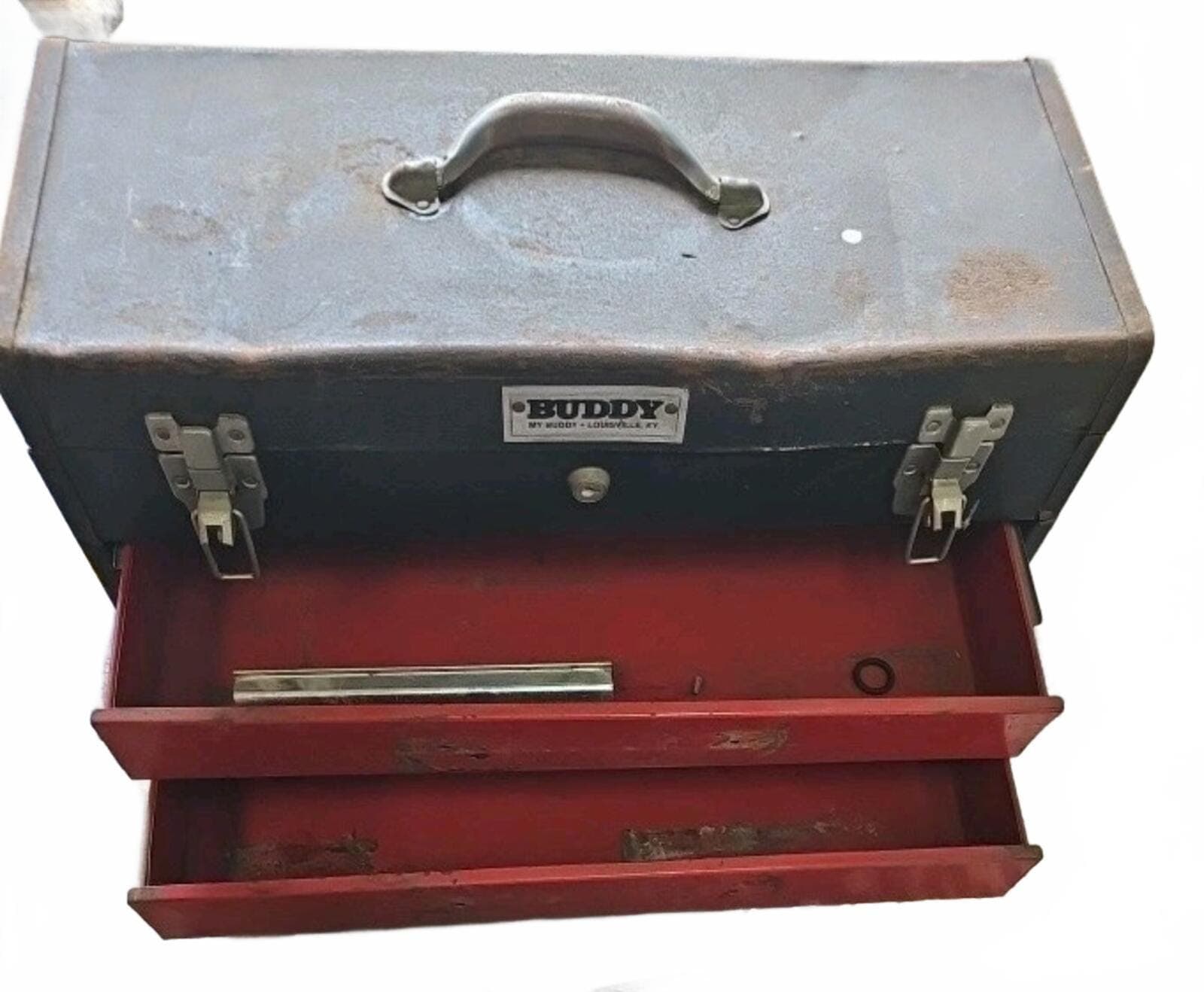 Vintage My Buddy Tradesman Black Metal Tool Box With 2 Drawers-(20"x8.5"x10.5")