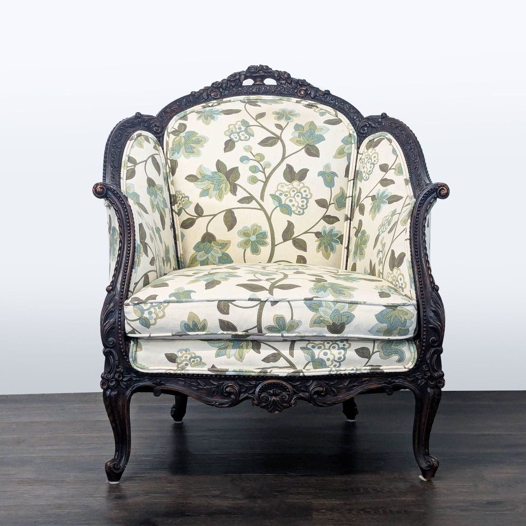 Victorian Rococo Revival Carved Bergère Lounge Chair with Floral Upholstery