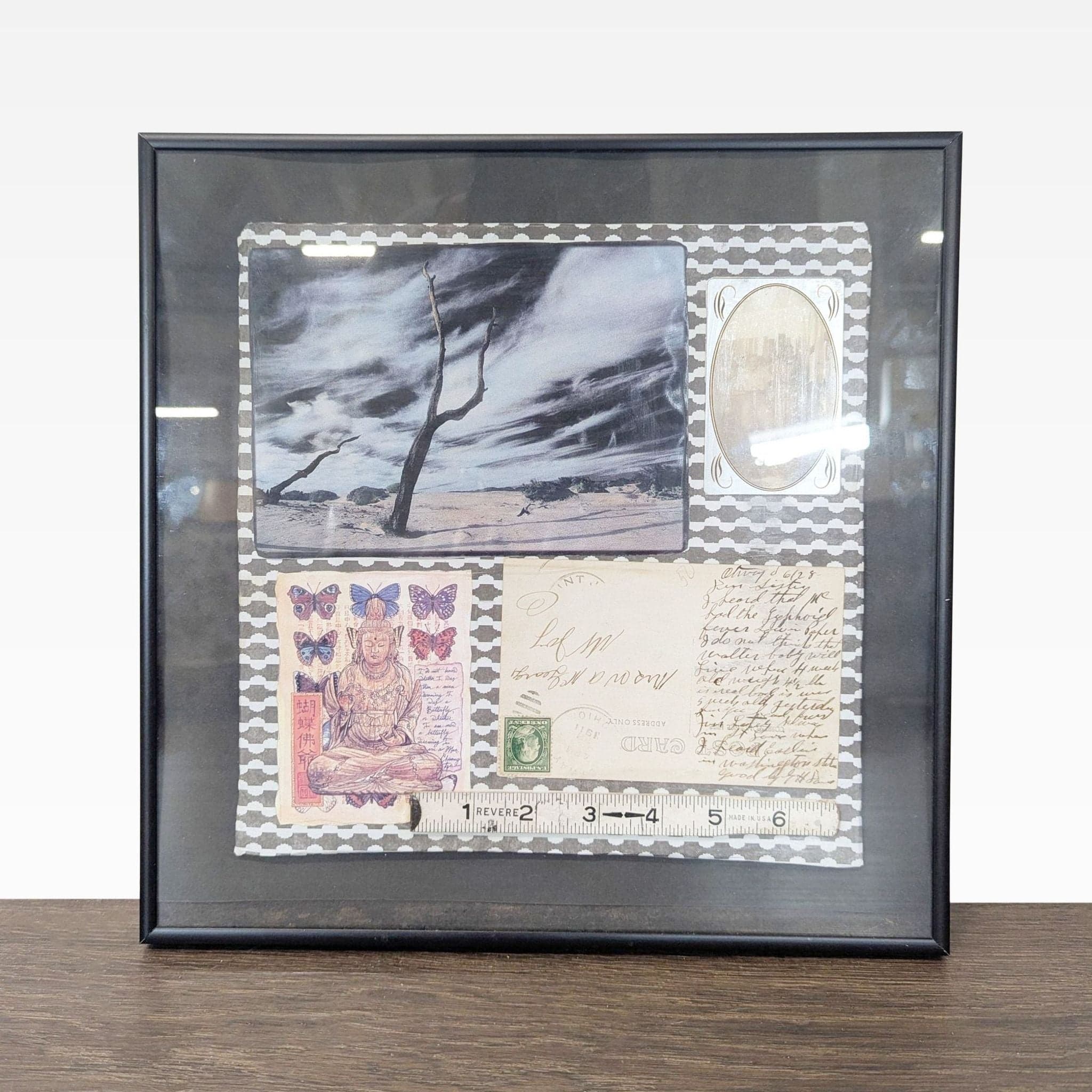 Unique Mixed Media Framed Art Collage with Vintage Photos and Postcard