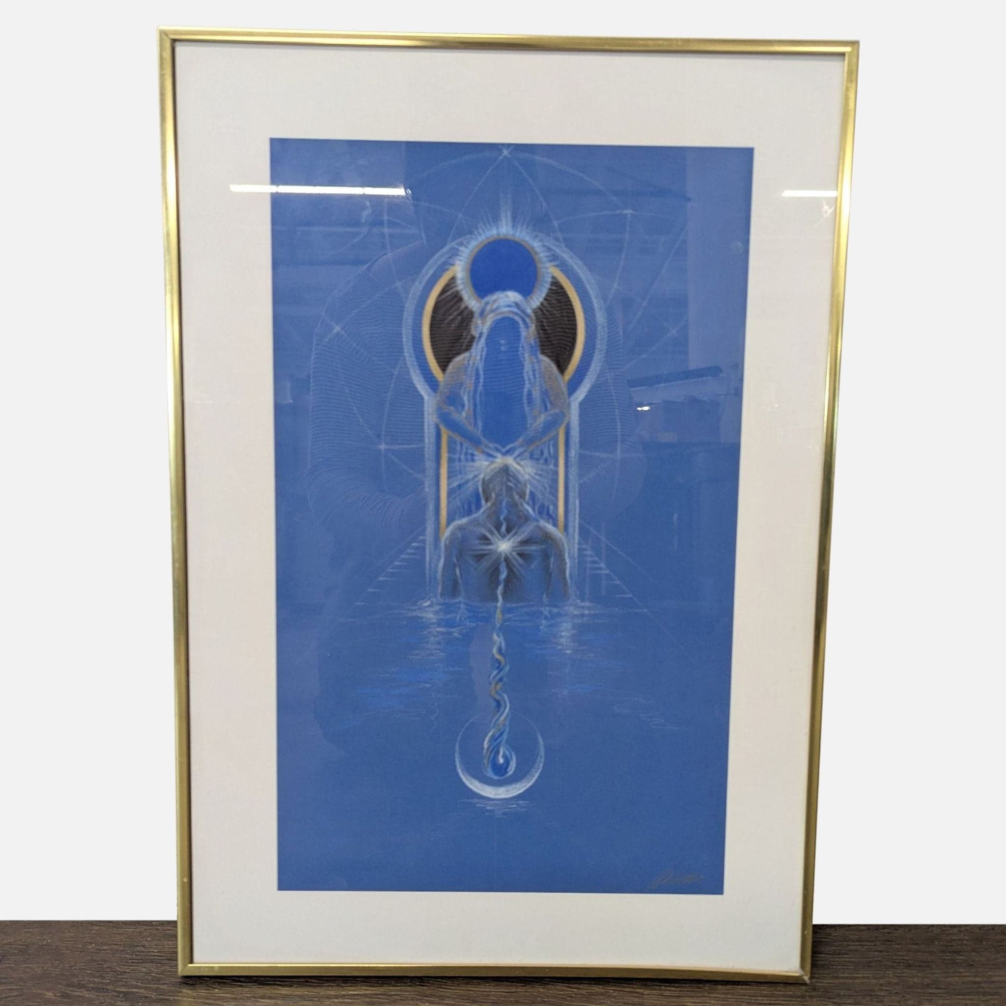 Mystical Blue Spiritual Drawing with Gold Accents in Frame