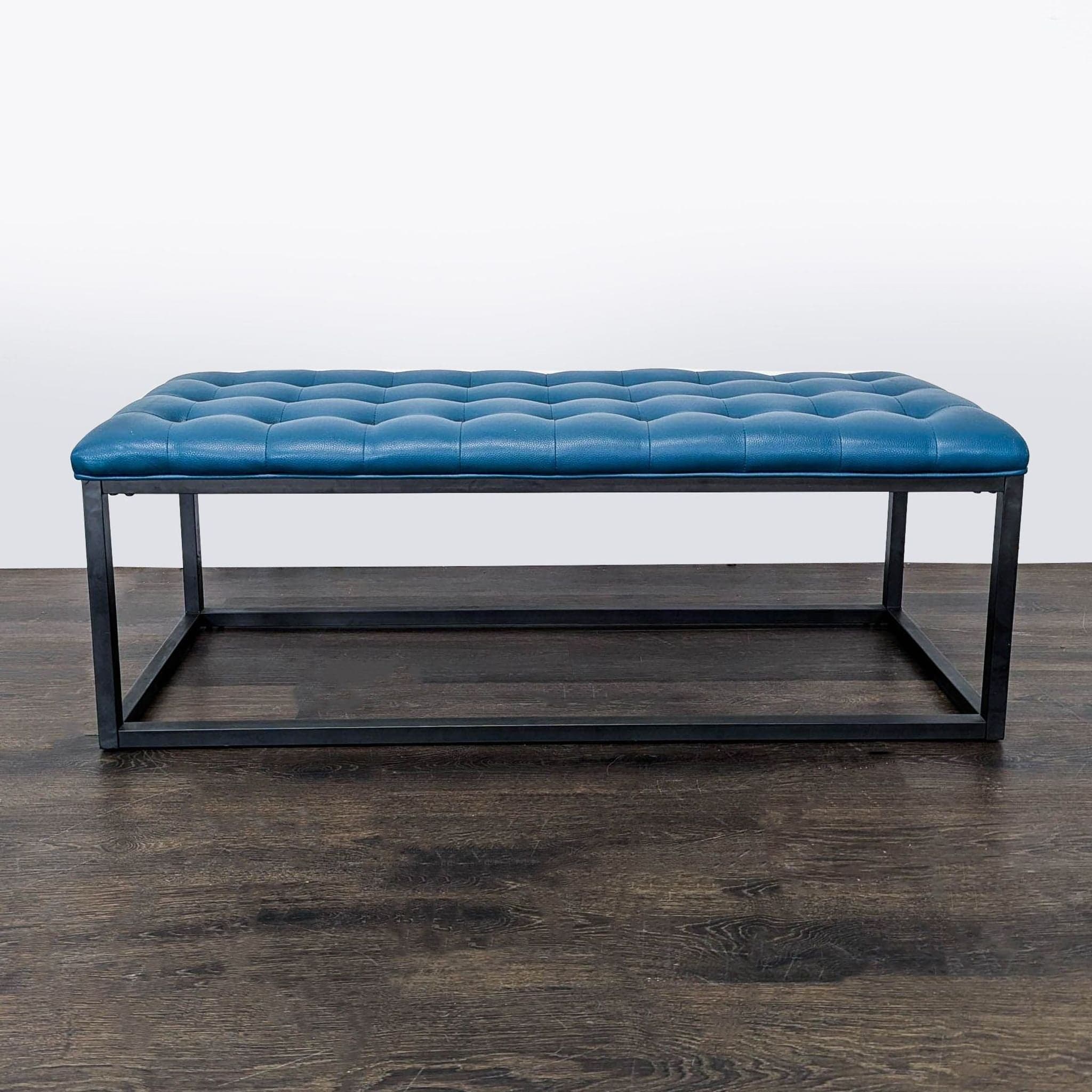 Button Tufted Leather Bench on Metal Frame