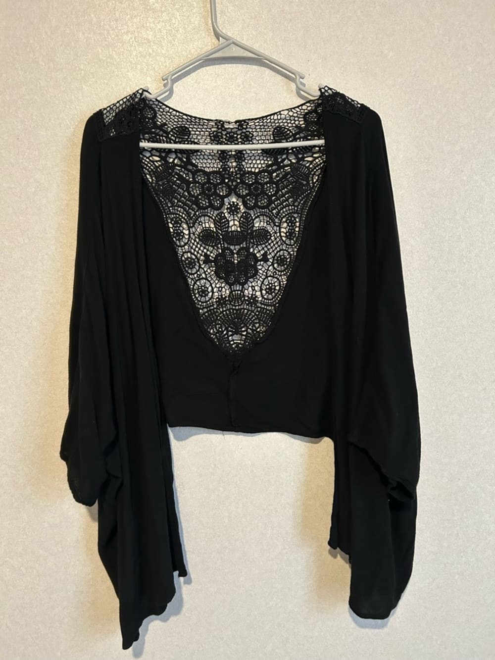 Women’s Black Cardigan, Lace Back And Three Quarter Sleeves, Long Front, Size XL
