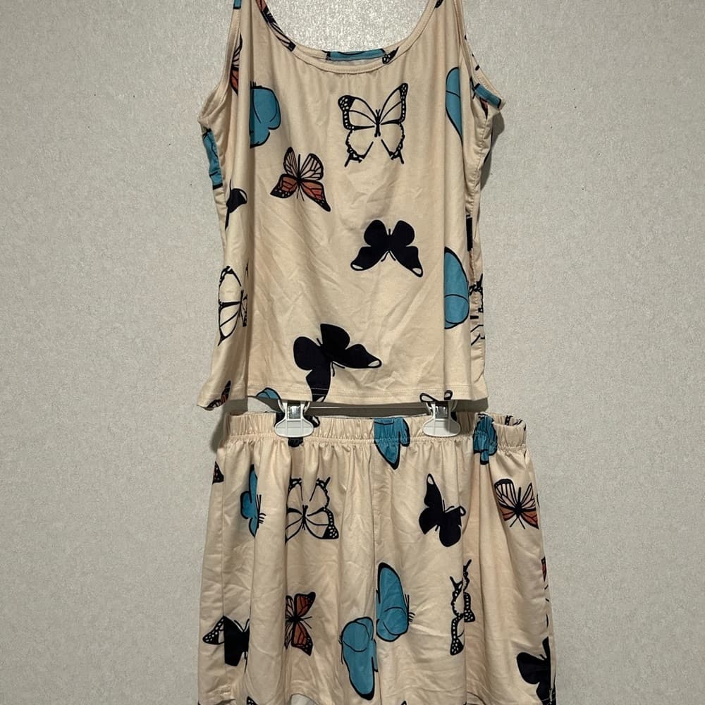 Women’s Tank Top And Shorts Sleep Set, Beige With Butterflies Size XL