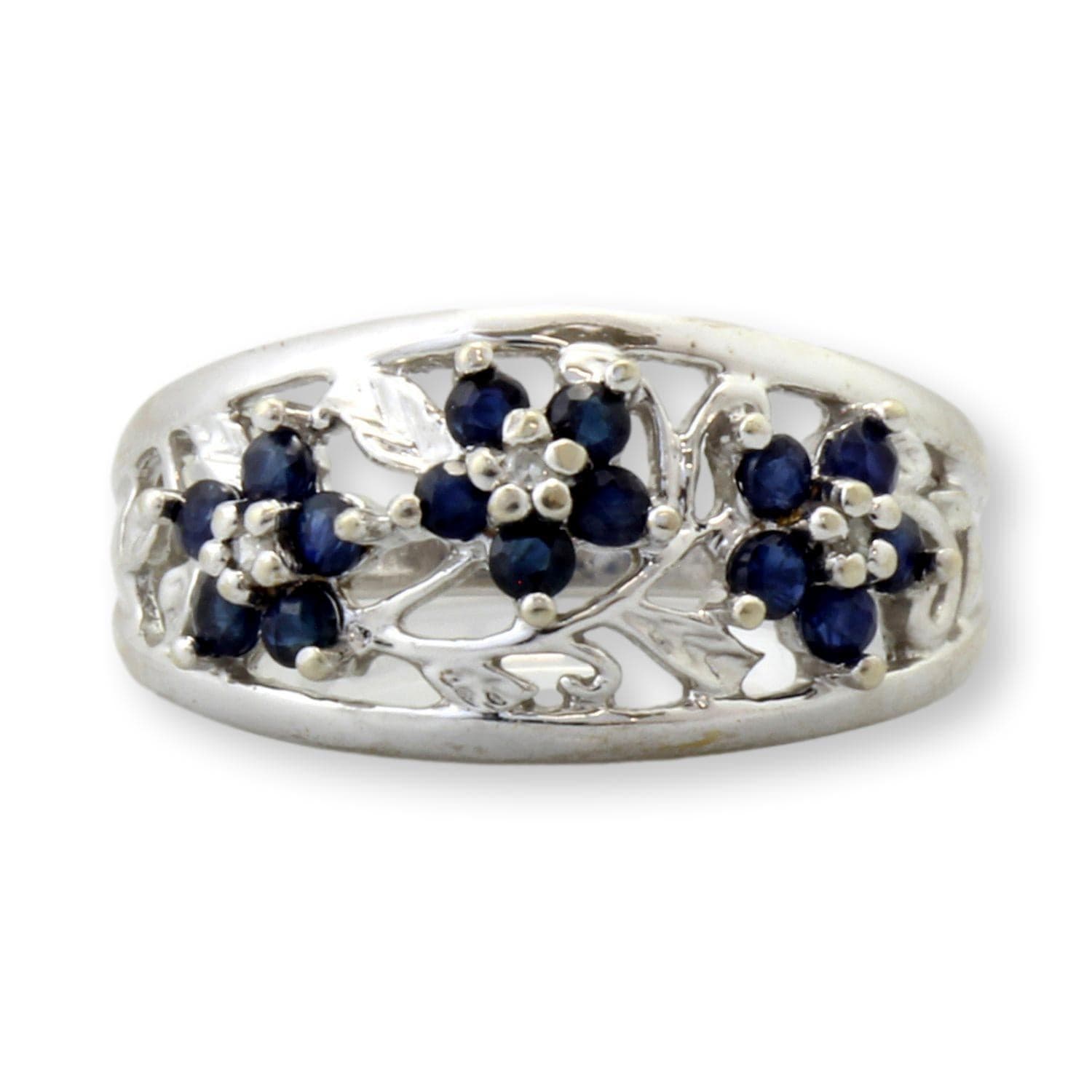 10K Gold Natural Blue Sapphire & Diamond Floral Motif Ring - Size 7