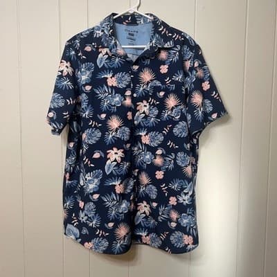 Chaps Everyday Performance Tropical Floral Button Down Shirt Navy Men's Large