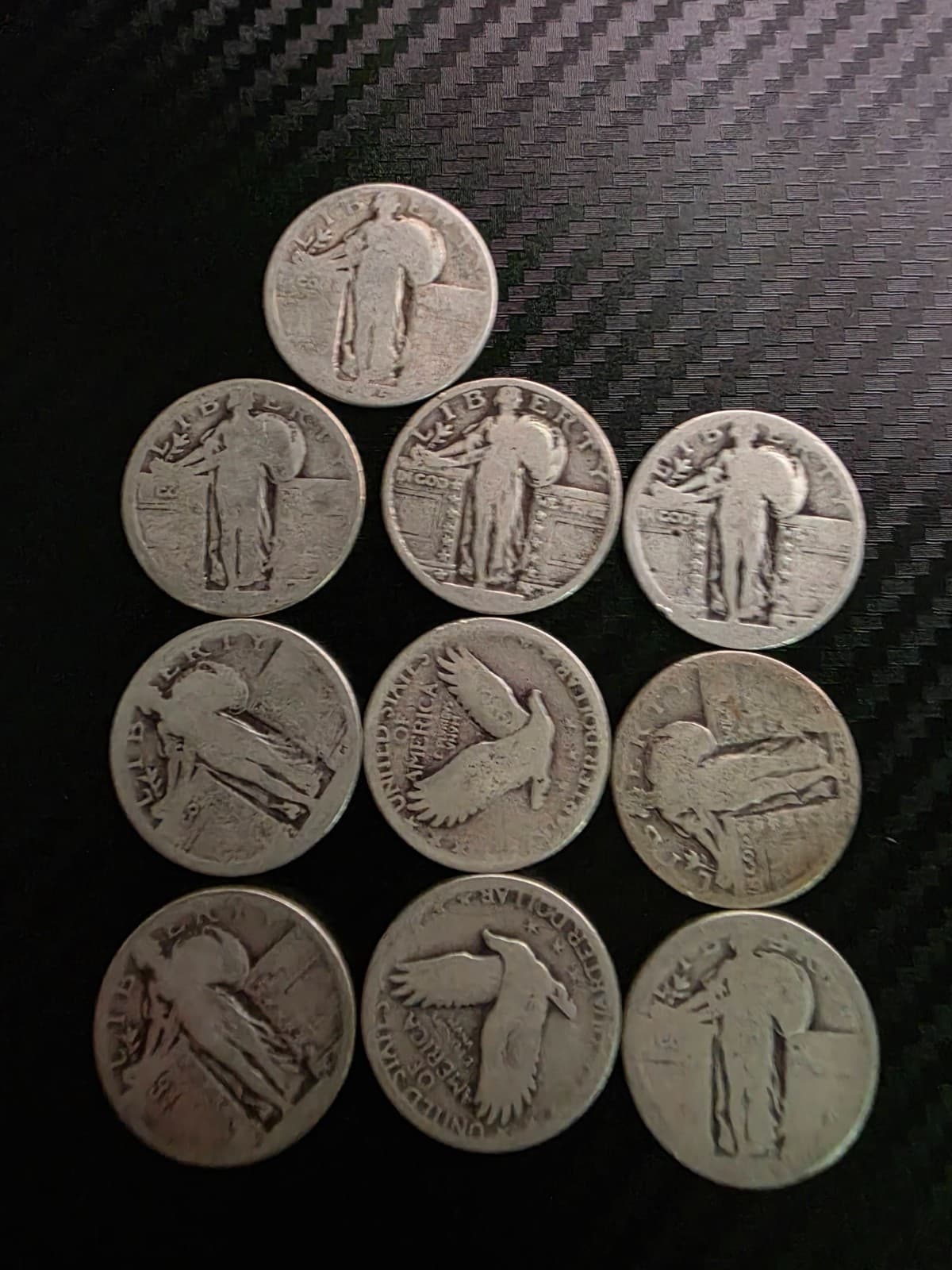 10 Standing Liberty Quarters –90% Silver – Circulated–Pre‑1930 - AT SPOT