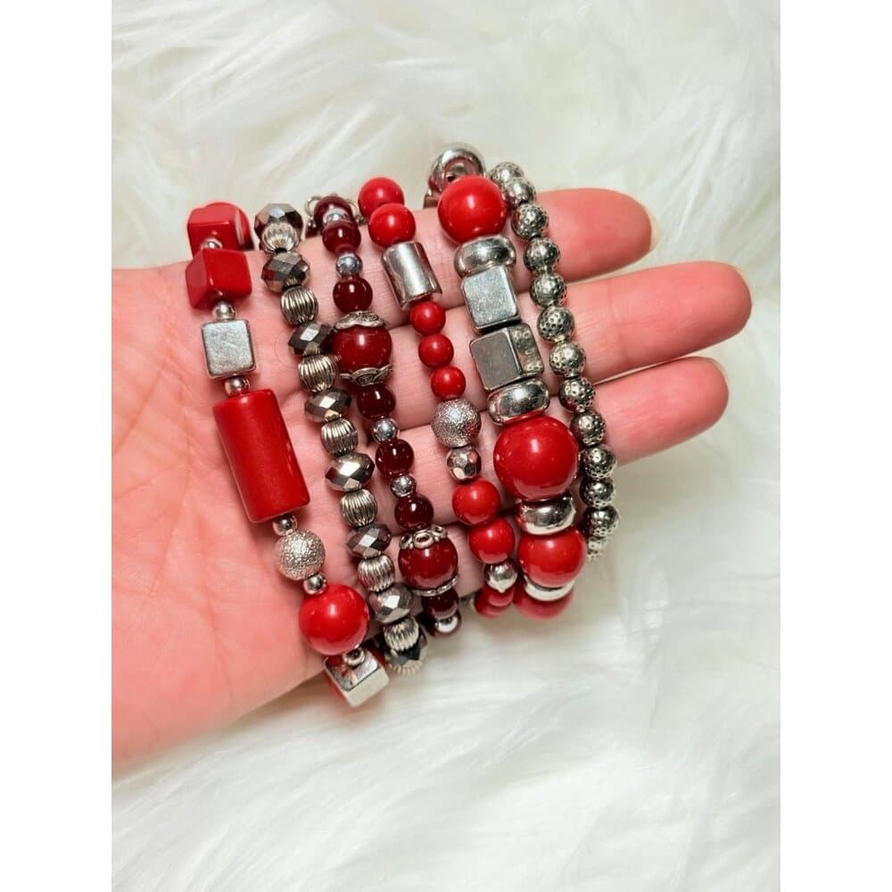 Silver/Red Beaded Bracelet Lot (c)