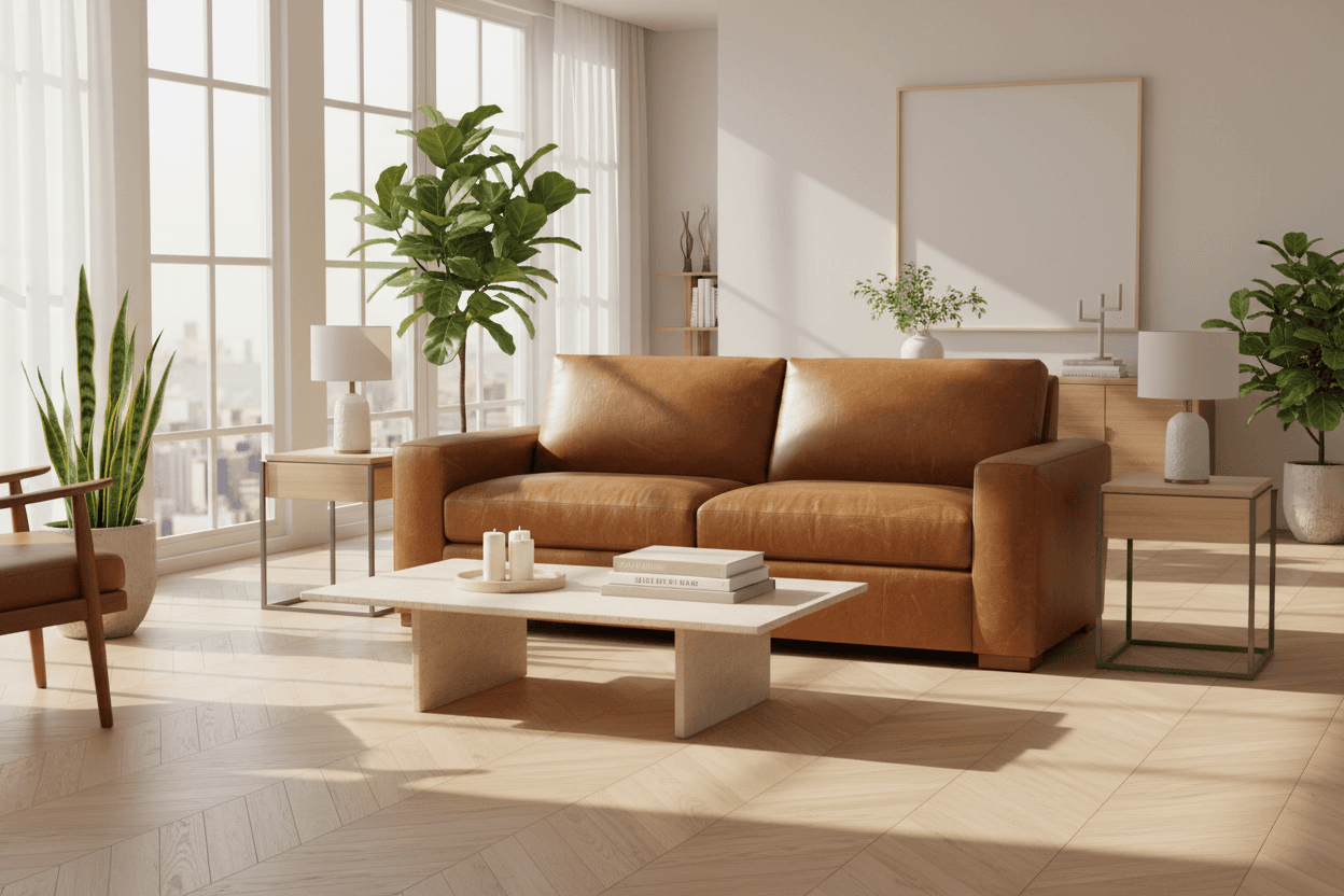BenchMade Modern 80" Skinny Fat Caramel Brown Leather Sofa Couch FFE-1390