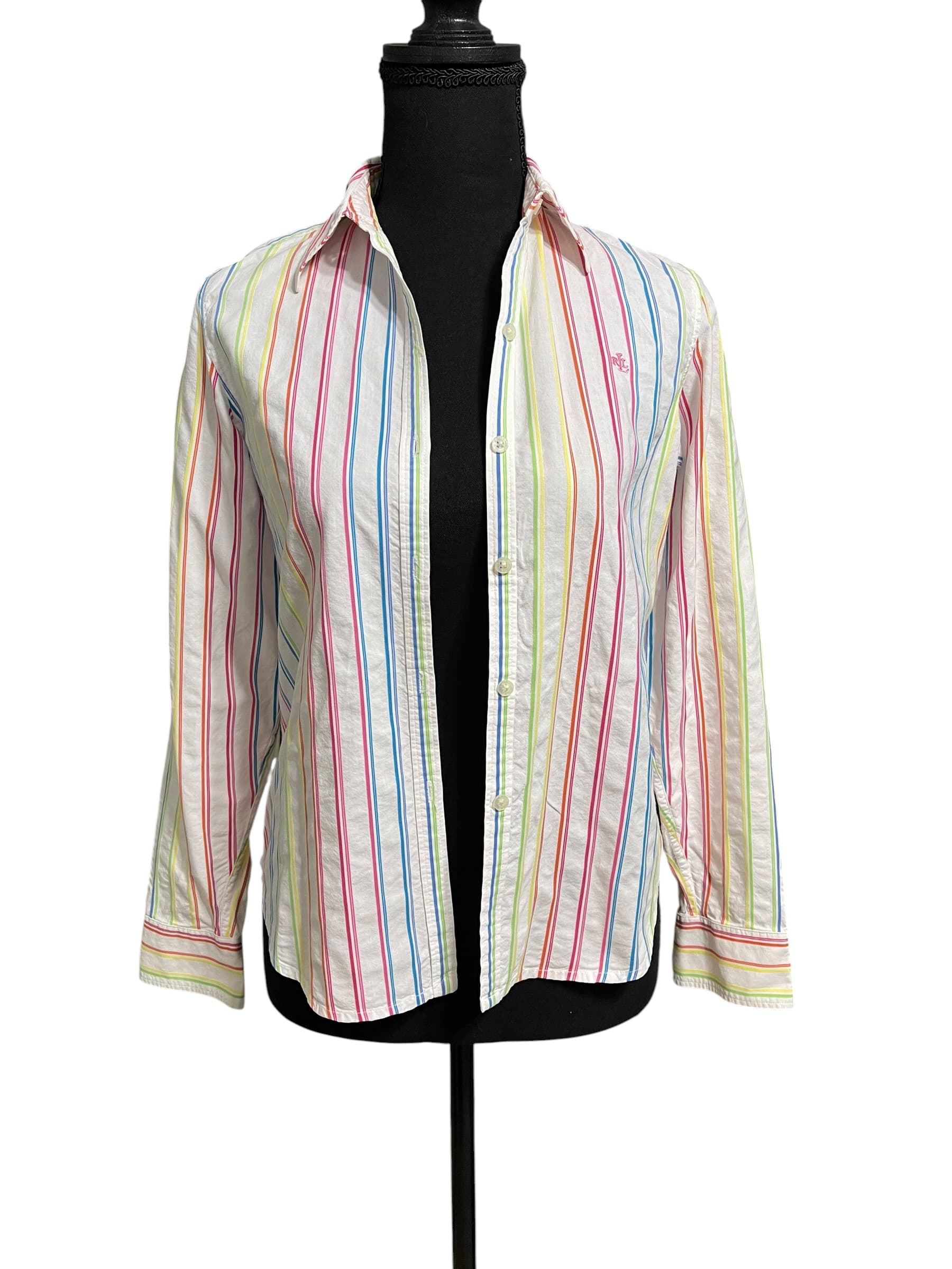 Lauren Ralph Lauren Vintage Women’s Rainbow Striped L/S Button Front Top/Shirt/Blouse