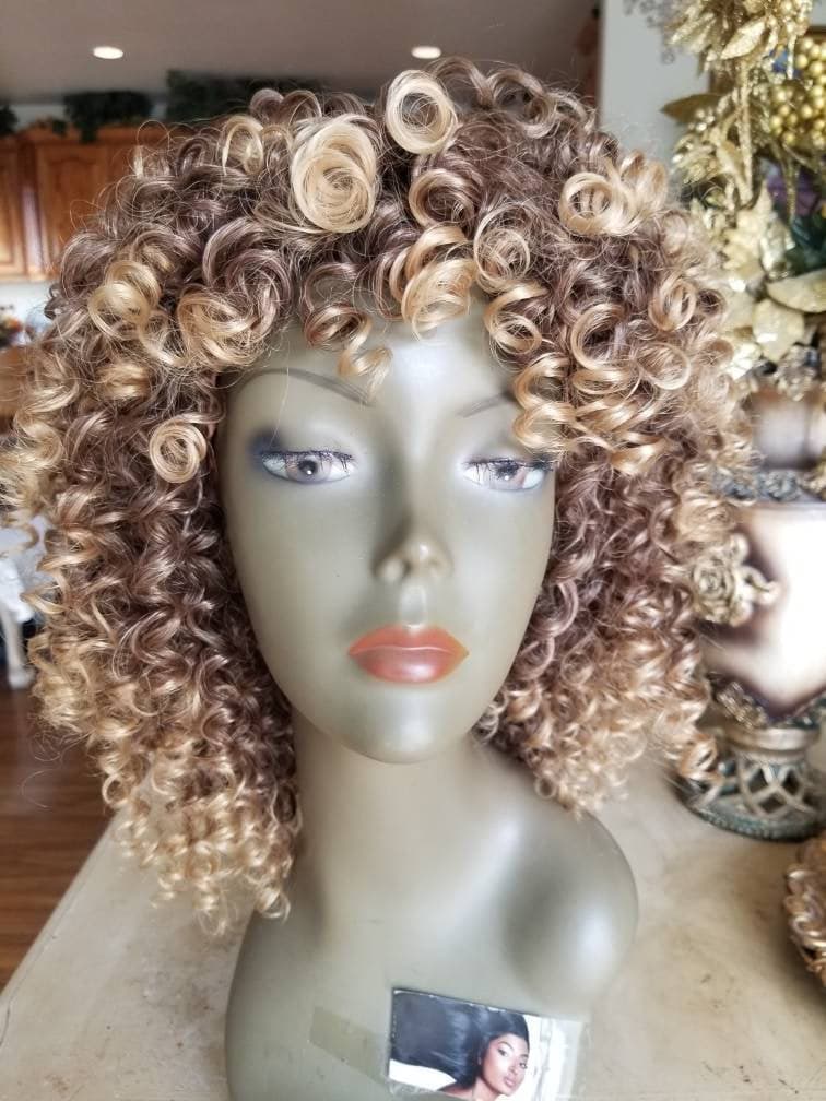 Blonde Brown Mixed// Kinky Curly Wig// Exquisite Black Short Kinky Curly/ Synthetic Afro/ with Bangs