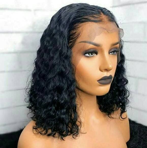 Black Curly// Human Hair/ Lace Front Wigs// Beautiful// Curly// Brazilian Remy//Wig//Glueless// Lacewig//Water Wave//Natural - Black / 14