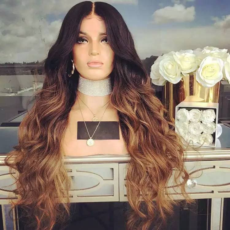 Balayage Ombre Human Hair Lace Front Wigs Medium Brown Roots to Golden Brown with Dark Blonde Wavy Brazilian Remy Wig Glueless Lacewig - Ombre Black Brown / 20