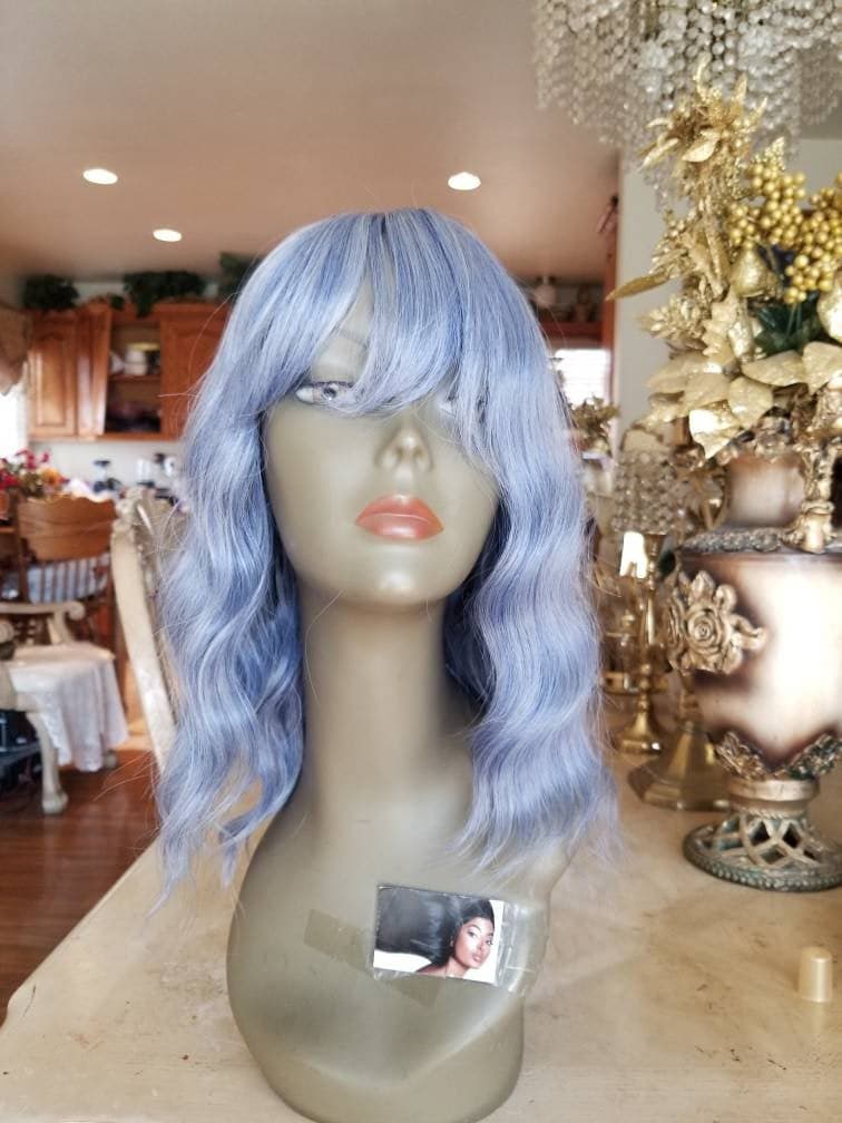 Ash Blue Gray Wavy Wig with Bangs