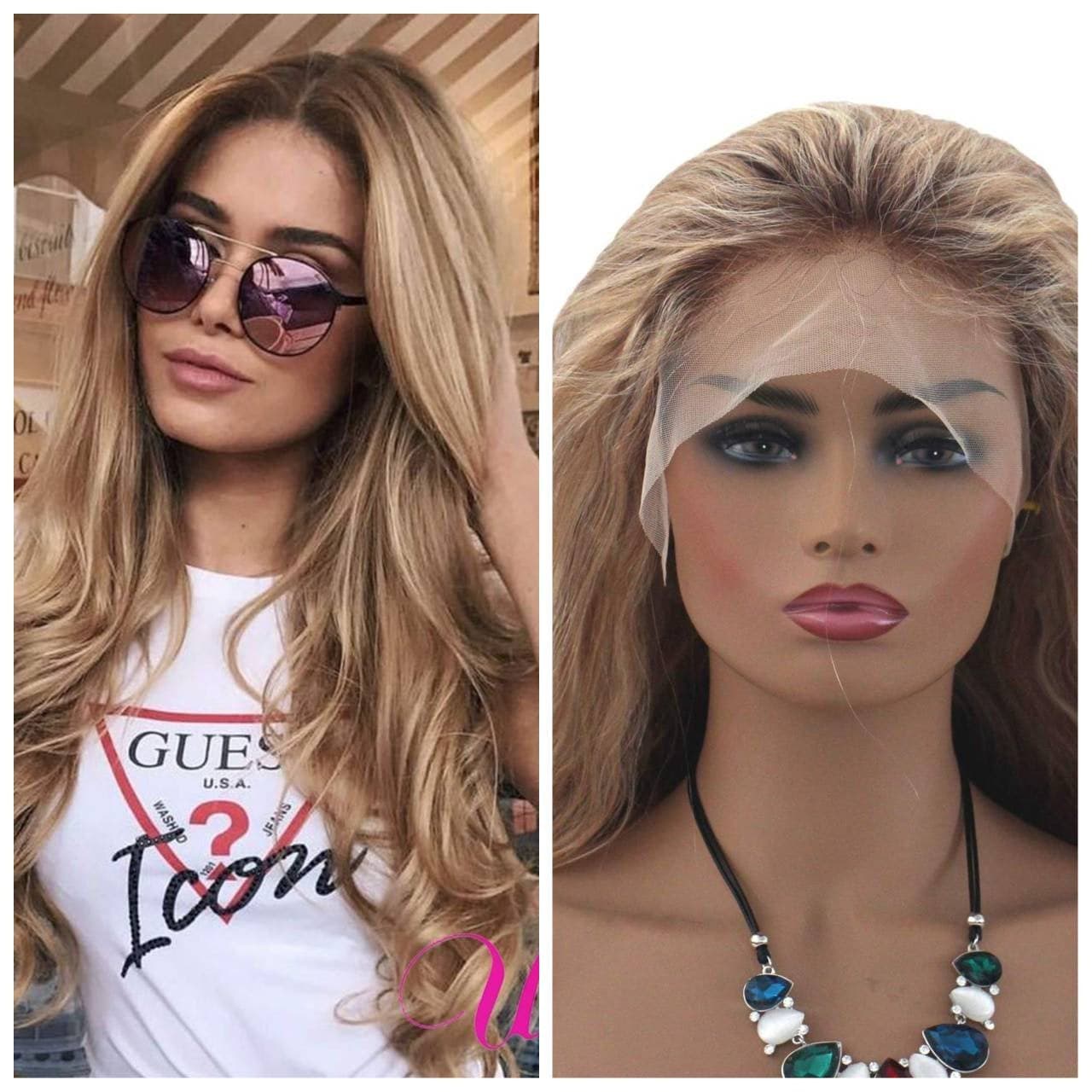 Balayage Ombre Human Hair Lace Front Wigs Medium Brown Roots to Golden Brown with Blonde Highlights Wavy Brazilian Remy Wig Glueless Lacewig - Ombre Blonde