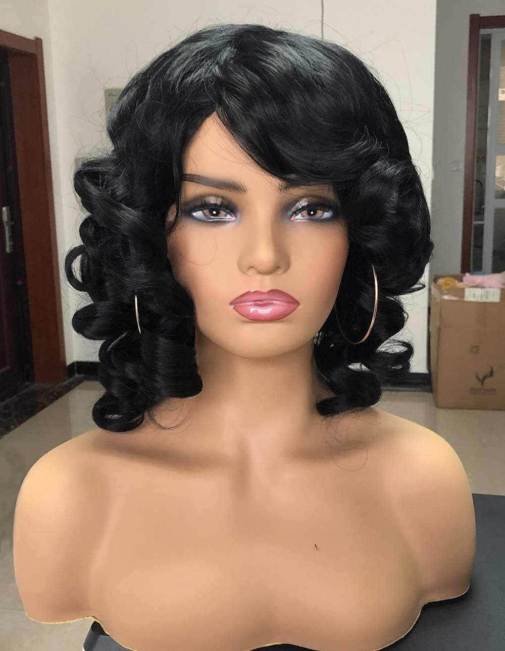 Black/Curly Wig/Wi Exquisite Black Short Kinky Curly/ Synthetic Afro/ with Bangs for Black Women Heat Resistant Hair