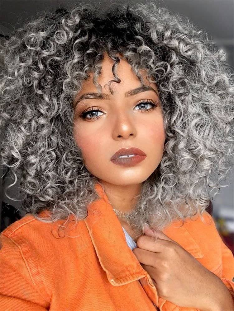 Salt and Pepper Gray/ Kinky Curly Wig/Wi Exquisite Black Short Kinky Curly/ Synthetic Afro/ with Bangs for Black Women Heat Resistant Hair