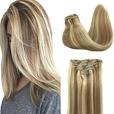 Clip in Human Hair Extensions 70g 7pcs Silky Straight Highlight Blonde Remy Human Hair Extension 15 Inch 27/613 Strawberry Blonde to Bleach