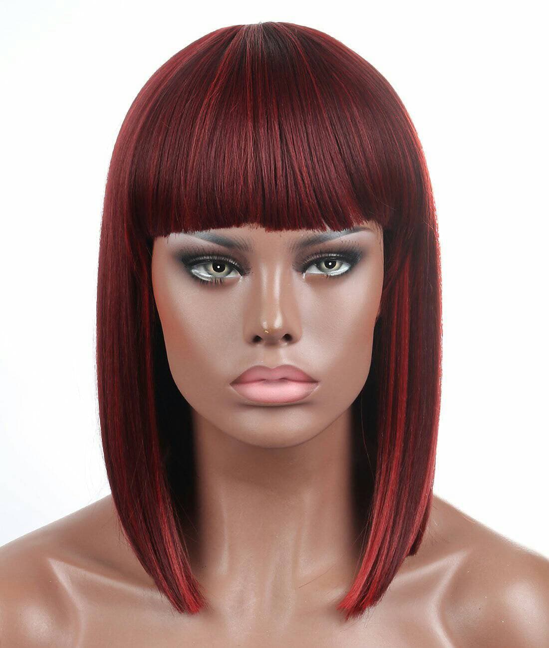Dark Red// Beauty Wig//Yaki Straight//Bob//Bangs//Short Wig