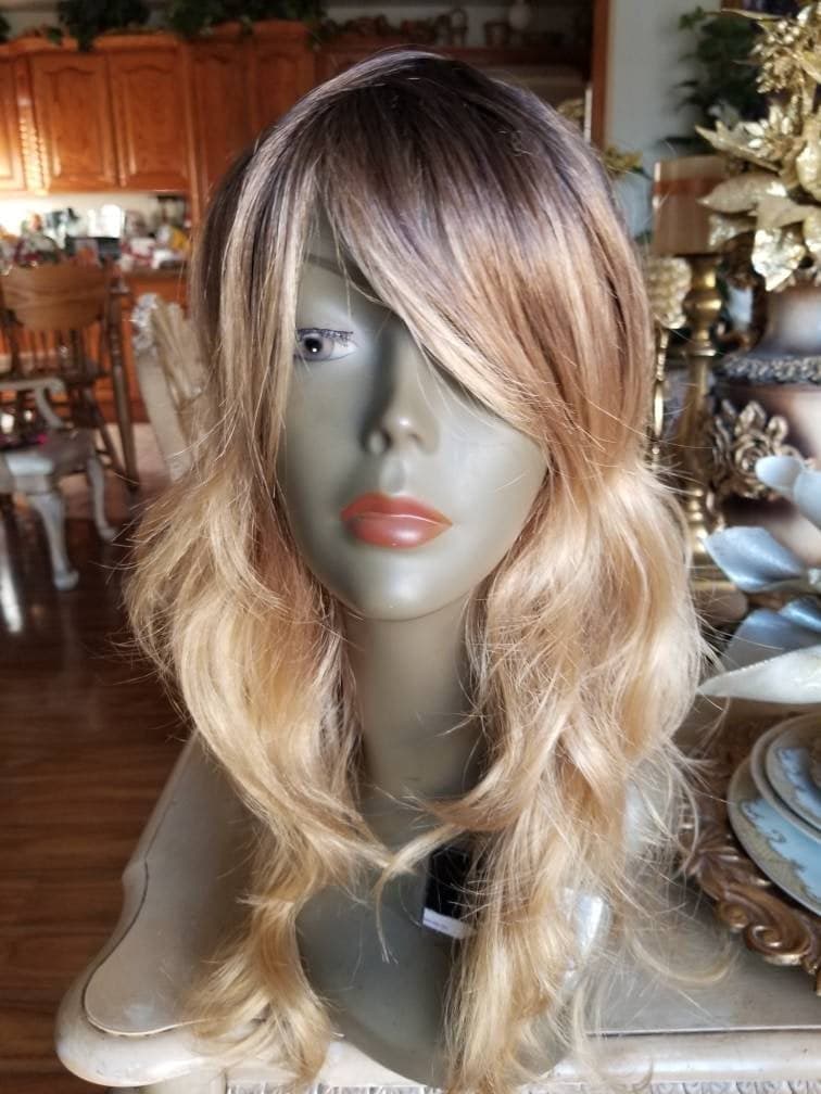 Ombre//Brown Blonde// Straight Wavy//Bodywave// Wig//Synthetic//Beautiful/Wavy//Bangs//Brand New//Natural//Ready to Ship - Ombre Blonde