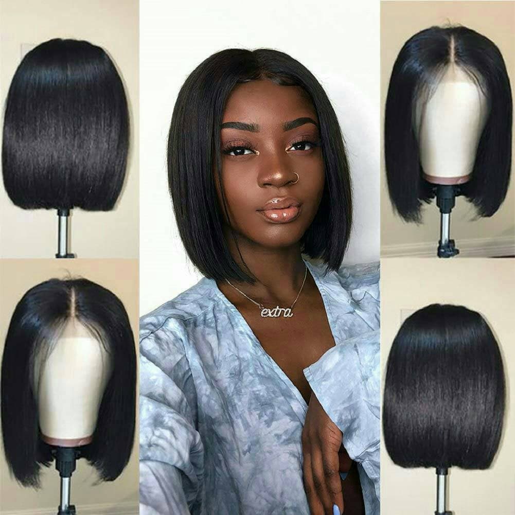 Human Hair Wig//Pre Plucked Hairline// Brazilian//Straight Lace Front Wig//Bob//Short 8-10 inches. - Black