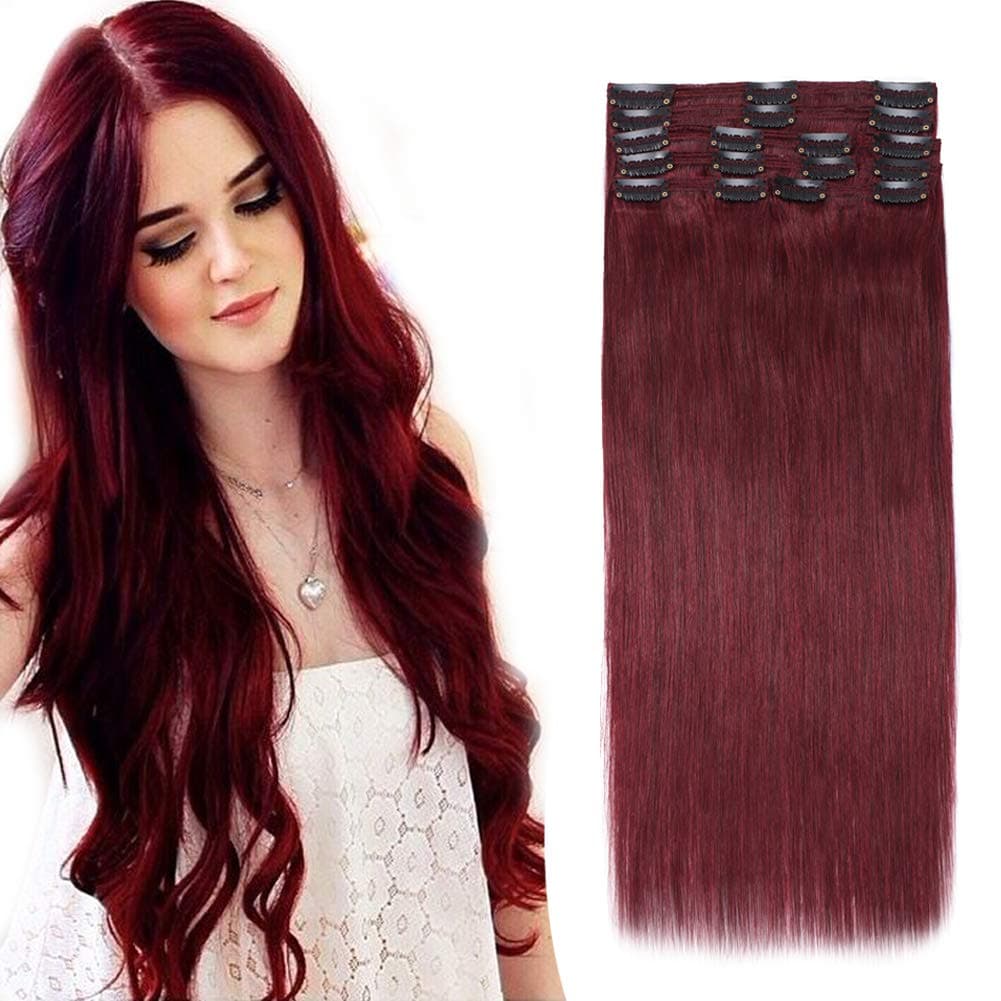 Dark Red Double Weft Clip in Human Hair Extensions Thick 20 Inch 120g-150g 8pcs clips on 8A Grade Soft Straight 100% Remy Hair Wine Red #99J 16"-20’’